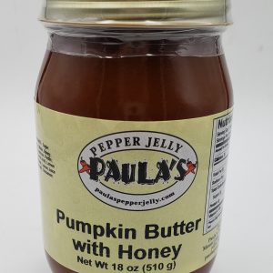18 oz pumpkin spread jar from Paula’s Pepper Jelly label forward.
