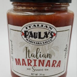 24. Oz. homemade Italian Marinara Sauce from Paula’s Pepper Jelly with the label side out.