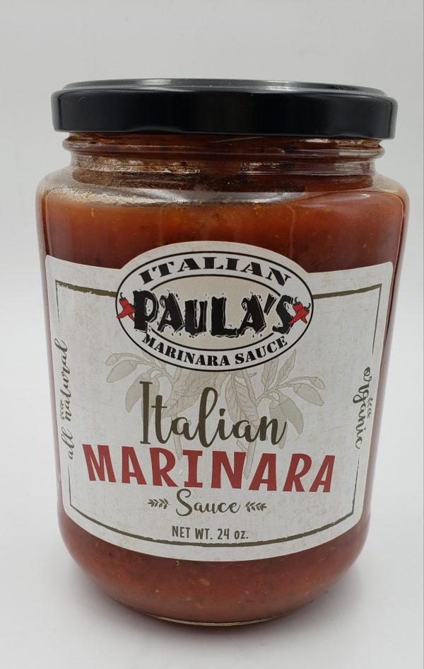 24. Oz. homemade Italian Marinara Sauce from Paula’s Pepper Jelly with the label side out.