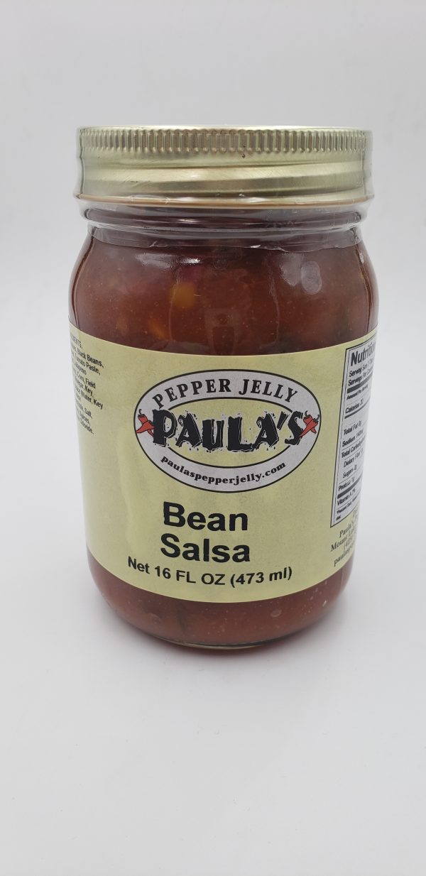 Jar of Paula’s Bean Salsa from Paula’s Pepper Jelly label out.