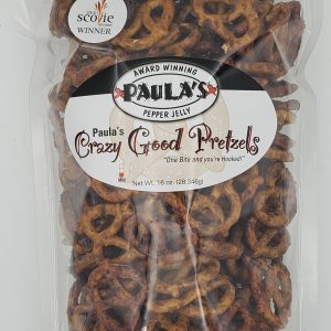 Transparant bag of Paula’s Crazy Good spicy flavored pretzels from Paula’s Pepper Jelly.
